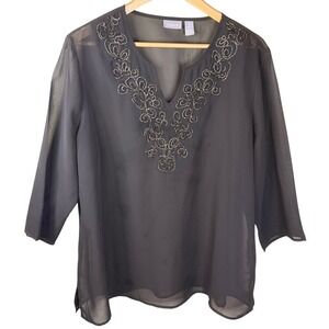 Chicos Top Brown‎ V Neck Button Up Iridescent Sequin Embellished Size 3 US 16/18
